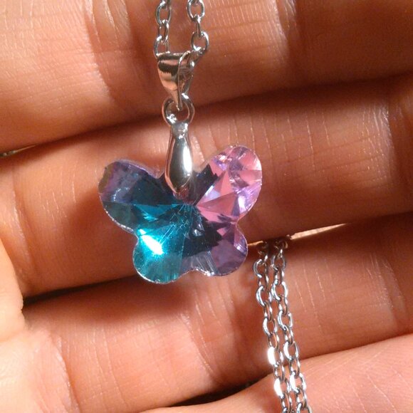 Mystic Color Crystal Brass Butterfly Pendant Stainless Steel Necklace - Picture 9 of 12